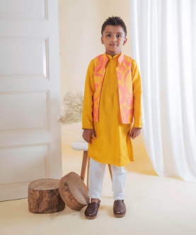 Yellow Pink Bandhej Neheru With Kurta Set