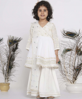 Little Bansi Cotton Floral Embroidery and Lacework Angrakha Kurta with Sharara and Dupatta-White