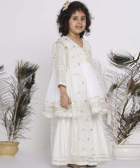 Little Bansi Cotton Floral Embroidery and Lacework Angrakha Kurta with Sharara and Dupatta-White