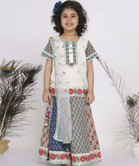 Little Bansi Cotton Floral Embroidery Kurta with Kali Work Lehenga and Tussel-White and Multicolor
