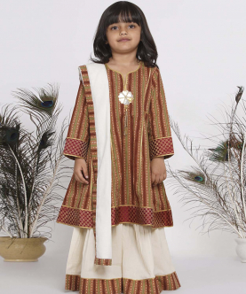 Little Bansi Cotton Jaipuri Princecut Kurta frock with Sharara and Dupatta-Brown and Cream