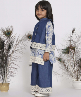 Little Bansi Denim Jacket With Patchwork And Marble Kurta With Patchwork Plazzo-Denim Blue