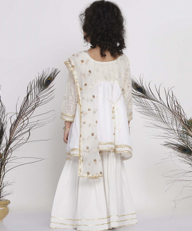 Little Bansi Cotton Floral Embroidery and Lacework Frock Kurta with Sharara and Dupatta-White