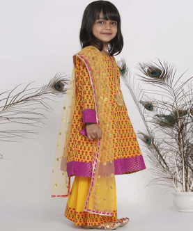 Little Bansi Cotton Jaipuri Princecut Kurta frock with booti work, Sharara and Dupatta-Yellow