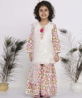 Little Bansi Cotton Floral Parsi Floral work Kurta with Floral Sharara and Dupatta-White 