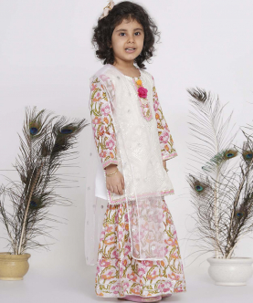 Little Bansi Cotton Floral Parsi Floral work Kurta with Floral Sharara and Dupatta-White 