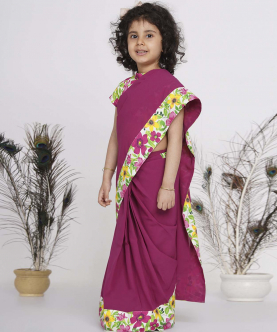 Little Bansi Floral print ready to wear saree and Floral blouse-Magenta