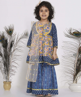 Little Bansi Floral Kurta With Indigo Floral Jacket With Sharara And Dupatta In Yellow And Blue