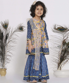 Little Bansi Floral Kurta With Indigo Floral Jacket With Sharara And Dupatta In Yellow And Blue