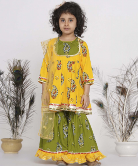 Little Bansi Cotton Floral Jaipuri Kurta with Gunghroo work, Frill Sharara and Dupatta-Yellow and Green