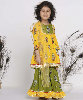 Little Bansi Cotton Floral Jaipuri Kurta with Gunghroo work, Frill Sharara and Dupatta-Yellow and Green