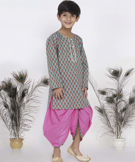Little Bansi Floral Kurta With Pearl Buttons And Dhoti In Blue And Pink