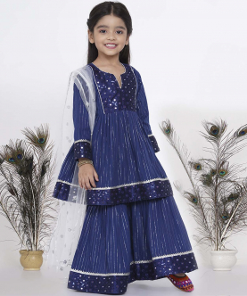 Little Bansi Mirror Work Kurta Frock With Sharara And Dupatta In Blue And White