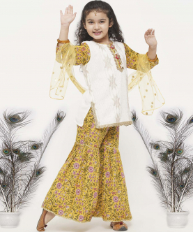 Little Bansi Cotton Taj Embroidery Kurta with Tussel work and floral sharara with Dupatta-White and Yellow