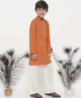 Little Bansi Cotton Kesari Kurta with Pearl Buttons and Pyjama -Orange and Cream