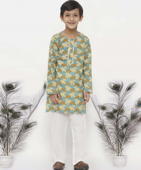 Little Bansi Cotton Bird Print Kurta with Pearl Buttons and Pyjama -Blue and Cream