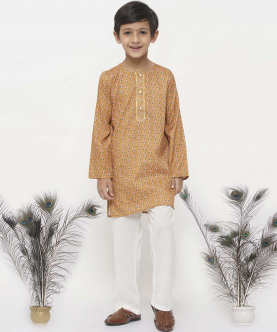 Little Bansi Cotton Silk Floral Kurta with Pearl Buttons and Pyjama-Orange and Cream