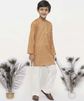 Little Bansi Cotton Silk Floral Kurta with Pearl Buttons and Pyjama-Orange and Cream