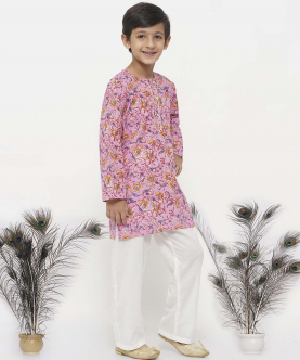 Little Bansi Cotton Block Print Floral Kurta with Pearl Buttons and Pyjama in Pink and Cream