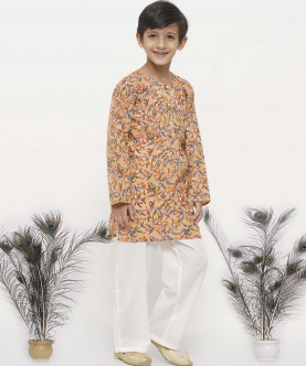 Little Bansi Cotton Block Print Floral Kurta with Pearl Buttons and Pyjama in Orange and Cream