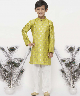 Little Bansi Banarsi Silk Sherwani with Pyjama-Apple Green and Cream