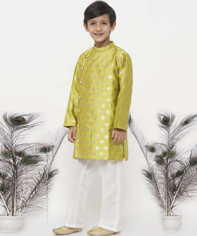 Little Bansi Banarsi Silk Sherwani with Pyjama-Apple Green and Cream