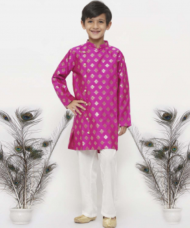 Little Bansi Banarsi Silk Sherwani with Pyjama-Magenta and Cream