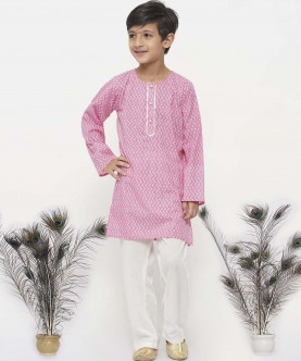Little Bansi Cotton Jaipuri Kurta with Pearl Buttons and Pyjama -Pink and Cream