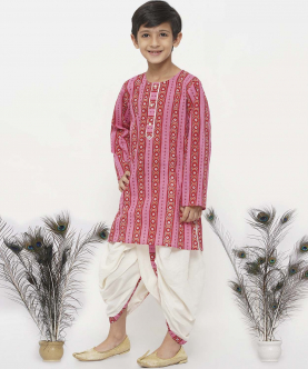 Little Bansi Cotton Striped Jaipuri Kurta with Pearl Buttons and Dhoti -Pink and Cream