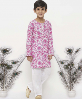 Little Bansi Cotton Thread work Floral Kurta with Pearl Buttons and Pyjama in Pink and Cream
