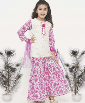 Little Bansi Cotton Floral Embroidery Kurta with Floral Detaling and and Floral Sharara with Dupatta-White and Pink