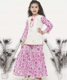 Little Bansi Cotton Floral Embroidery Kurta with Floral Detaling and and Floral Sharara with Dupatta-White and Pink