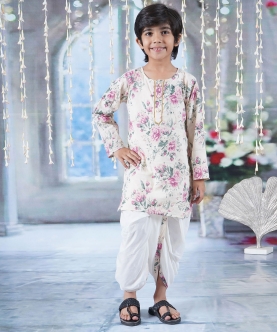 Kurta Dhoti With Floral Print And Pearl Buttons