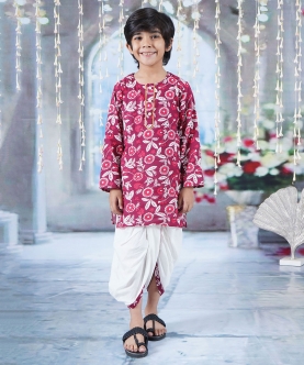 Kurta Dhoti With Floral Print And Pearl Buttons