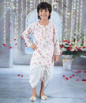 Kurta Dhoti With Garden Floral Print And Pearl Buttons