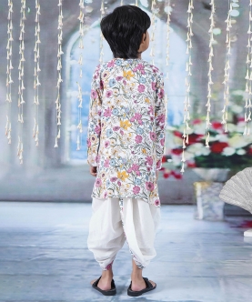 Kurta Dhoti & Garden Guldaudi Floral Print And Pearl Buttons