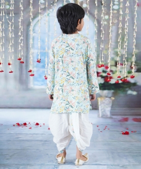 Kurta Dhoti With Floral Brush Print And Pearl Buttons