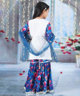 Kurta Sharara & Dupatta With Floral Print, Floral Embroidery