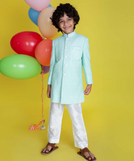 Mint Green Georgette Embroidered All Over Sherwaniindowestern Jacket Teamed With An Off White Pyjama