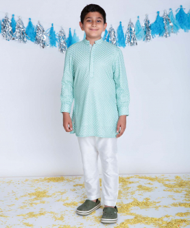 Mint Green Kurta Set With Embroidery All Over Front And Back With Off White Pyjama