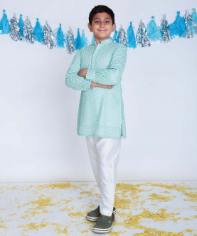 Mint Green Kurta Set With Embroidery All Over Front And Back With Off White Pyjama