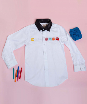 White Shirt With Black Polka Dot Collar And Pacman Embroidery On Chest