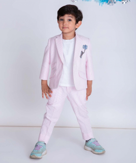 Light Pink And White Stripe Seer Sucker Suit With Elephant Motiff On Chest