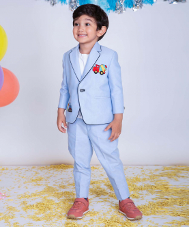 Sky Blue Suit With Construction Vehicles Embroidered On Chest