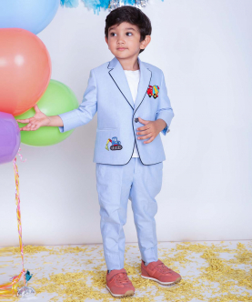 Sky Blue Suit With Construction Vehicles Embroidered On Chest