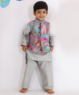 Gray Kurta With Colourful Printed Jacket And Gray Pyjama