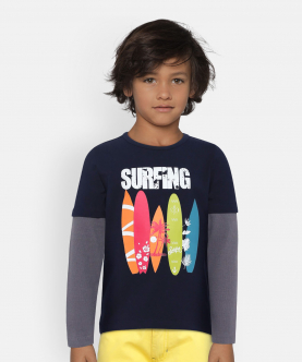 Navy Surfers Printed Colourblock Round Neck Cotton T-Shirt