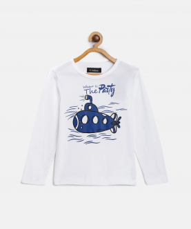 White Submarine Printed Round Neck Cotton T-Shirt