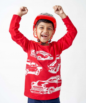 Ladore Boys Red Vintage Car Print Cotton Full Sleeves T-shirt