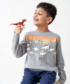 Ladore Kids Grey Dinosaur Full Sleeves Cotton Mercerised T-shirt